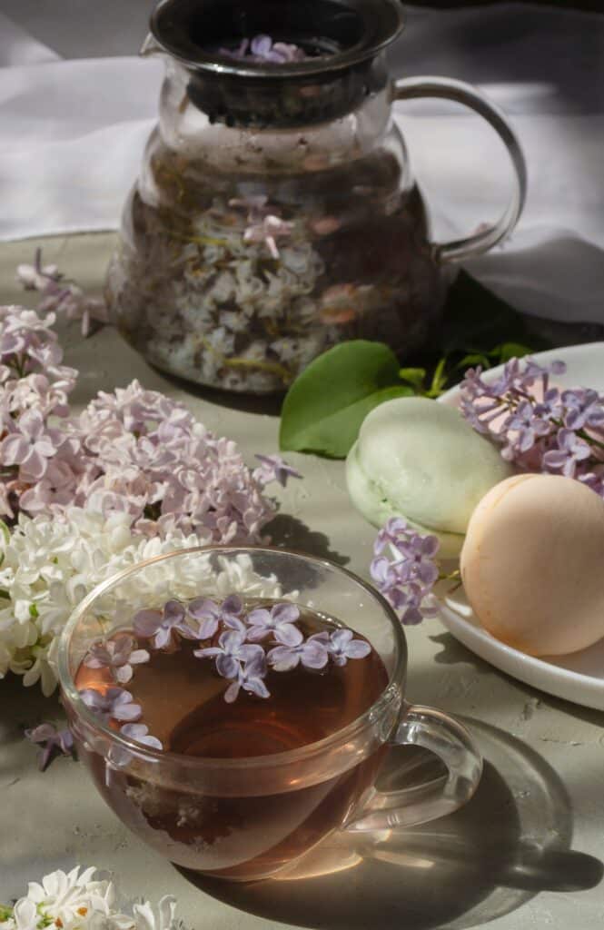glass cup with lilac tea. morning tea party with blooming lilac and colorful marshmallows